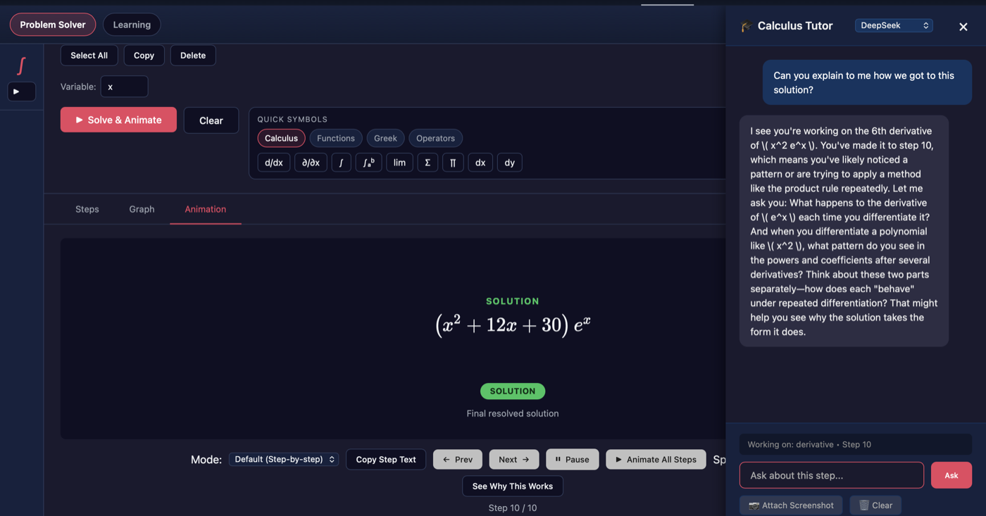 Calculus Animator: AI tutor explaining a derivative step with model selector