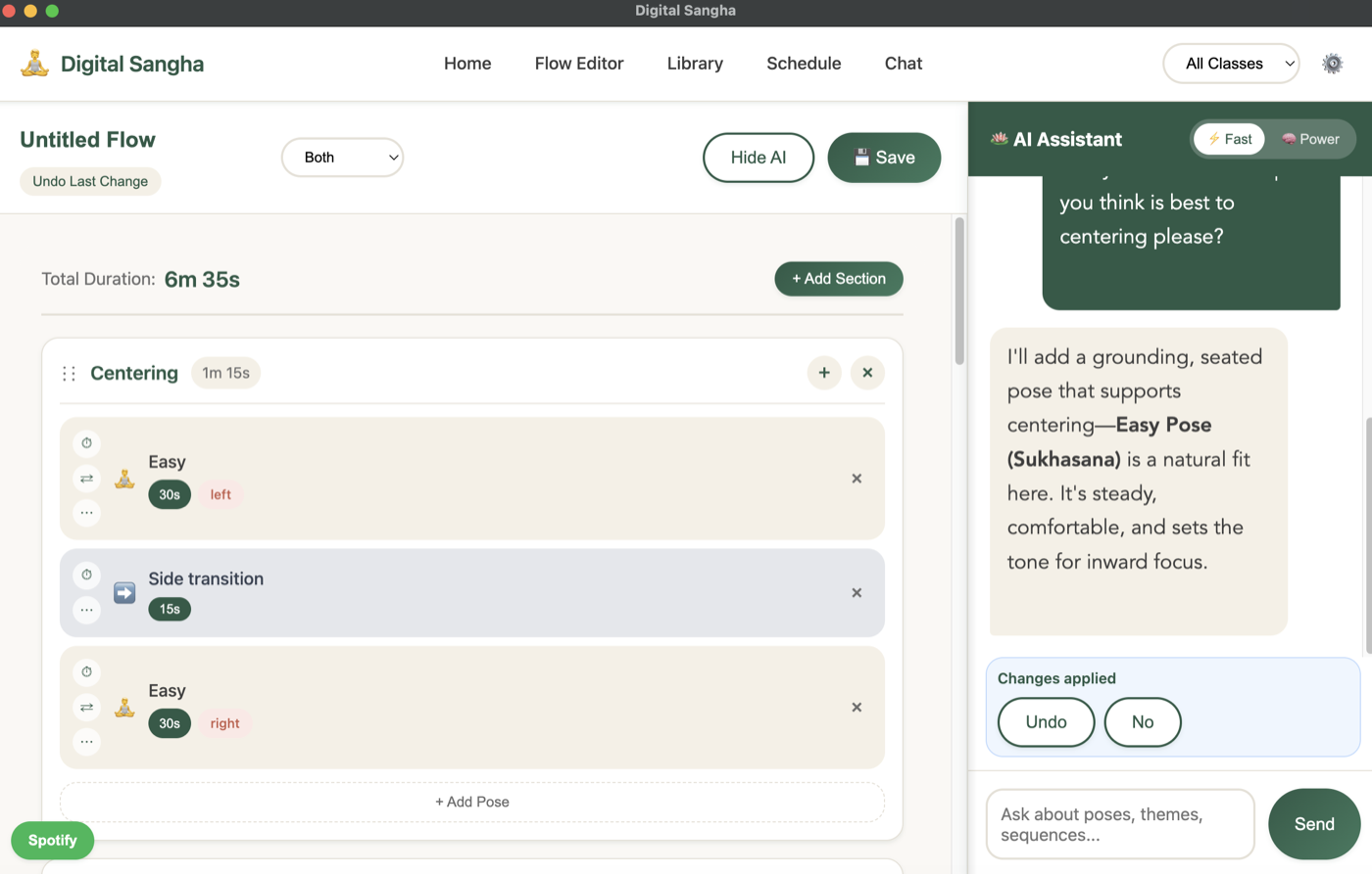 Digital Sangha: yoga flow editor with AI assistant suggesting Sukhasana for centering