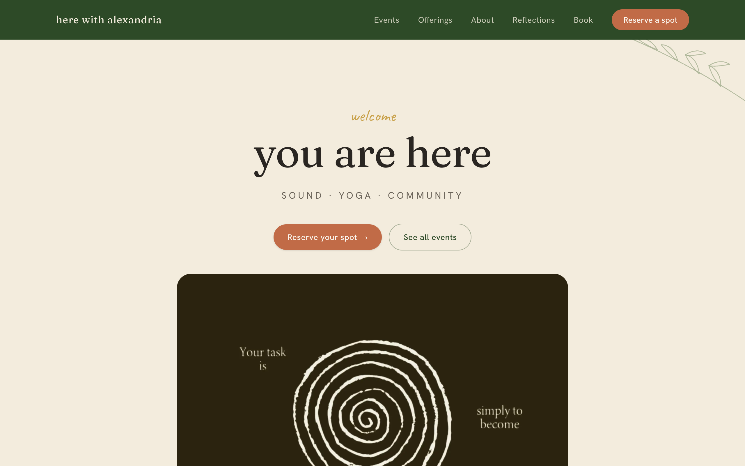 Here with Alexandria warm minimal homepage for a sound and yoga practitioner with booking call to action