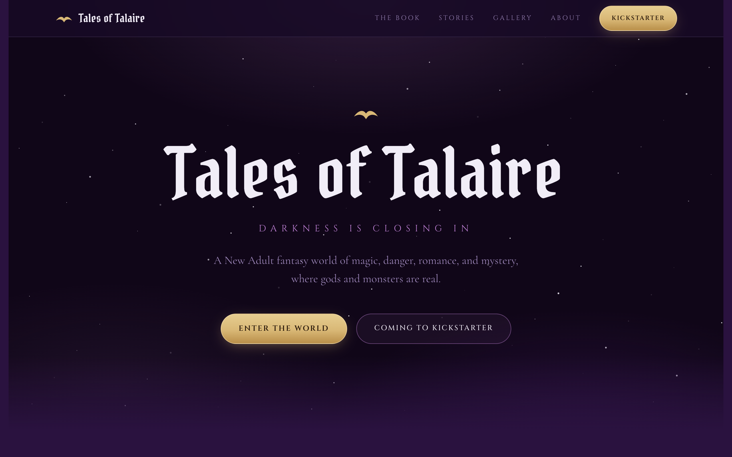Tales of Talaire dark fantasy author platform homepage with Kickstarter call to action